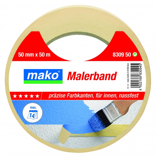 Mako Premium Malerband Kreppband 50mm x 50m Nr. 830950 Malerabdeckband Klebeband, Malerklebeband