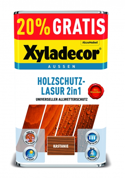 Xyladecor Holzschutz Lasur 2 in1 5,0 Liter Eiche-Hell, Kiefer, Nussbaum, Palisander, Teak Aktion